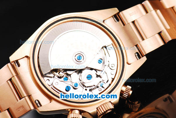 Rolex Daytona Oyster Perpetual Swiss Valjoux 7750 Chronograph Movement Full Rose Gold with Black Dial and Stick Markers - Click Image to Close